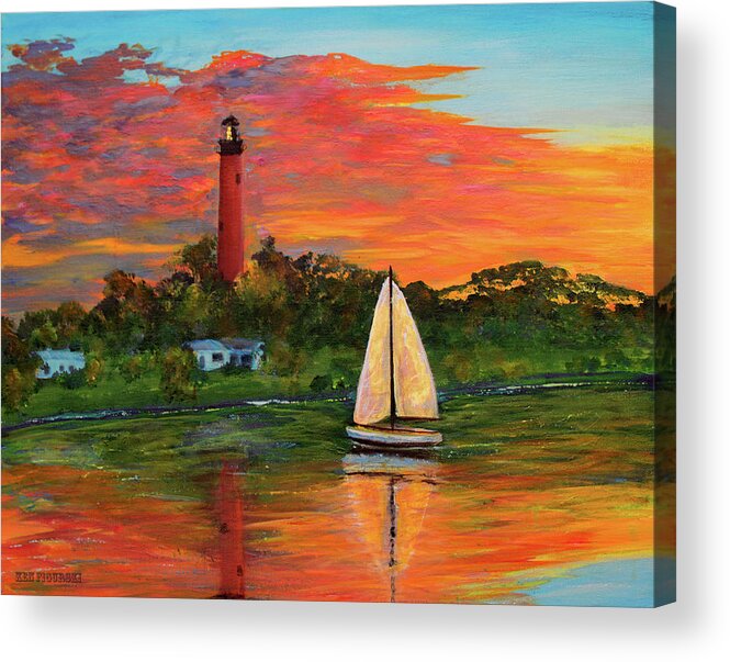 Delray Acrylic Print featuring the painting Jupiter Lighthouse Sunrise Alt by Ken Figurski