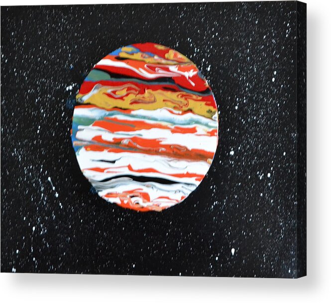This Is A Abstract Painting Of The Planet Jupiter. The Flow Technique Was Used With Acrylic Colors. The Five Acrylic Colors Used Were Poured In A Circle Area Tilted To Get This Affect. The Distant White Stars Were Also Included In This Painting. Acrylic Print featuring the painting Jupiter by Martin Schmidt