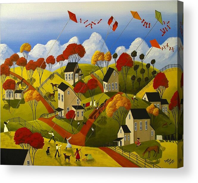 Folk Art Acrylic Print featuring the painting Kite Flying Frenzy by Debbie Criswell