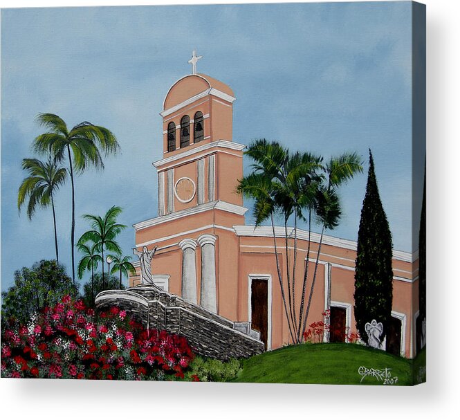 Church Acrylic Print featuring the painting La Monserrate by Gloria E Barreto-Rodriguez