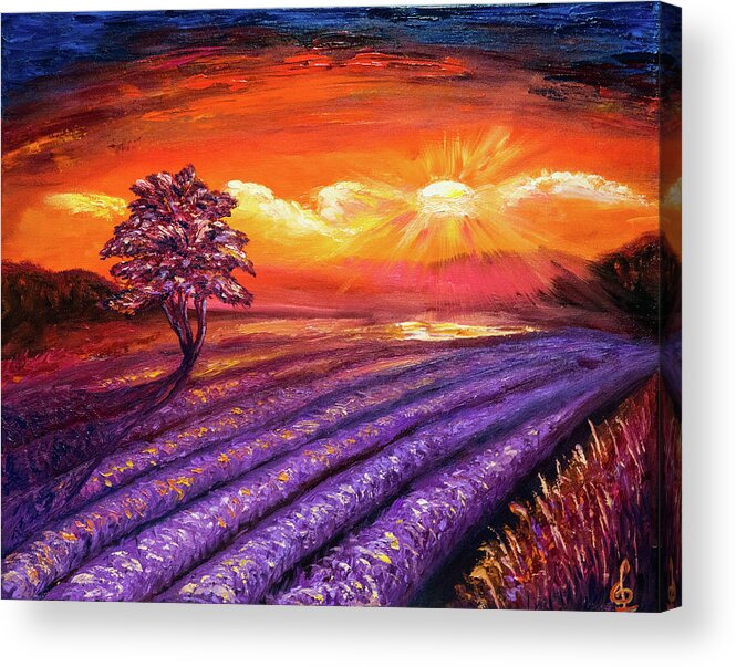 Lavender Acrylic Print featuring the painting Lavender field at Sunset by Lilia S