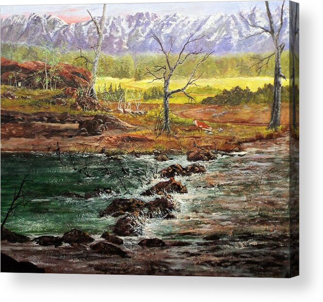 Mountains With Snow Acrylic Print featuring the painting Lowwater crossing by Michael Dillon