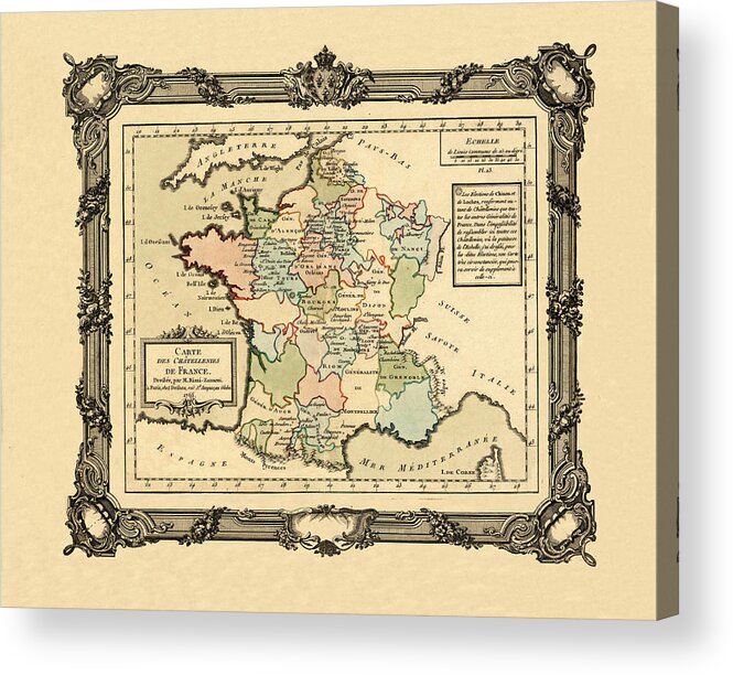 Map Of France Acrylic Print featuring the photograph Map Of France 1765 by Andrew Fare