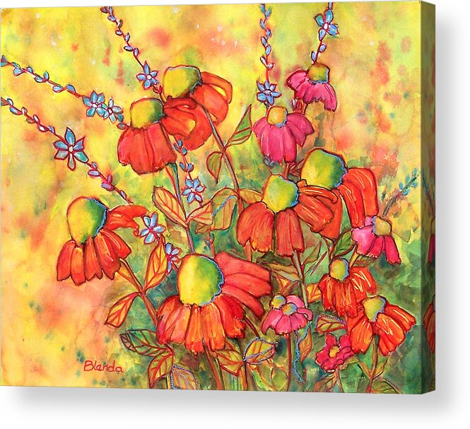 Yellow Acrylic Print featuring the painting Mimosa Sky Flowers by Blenda Studio