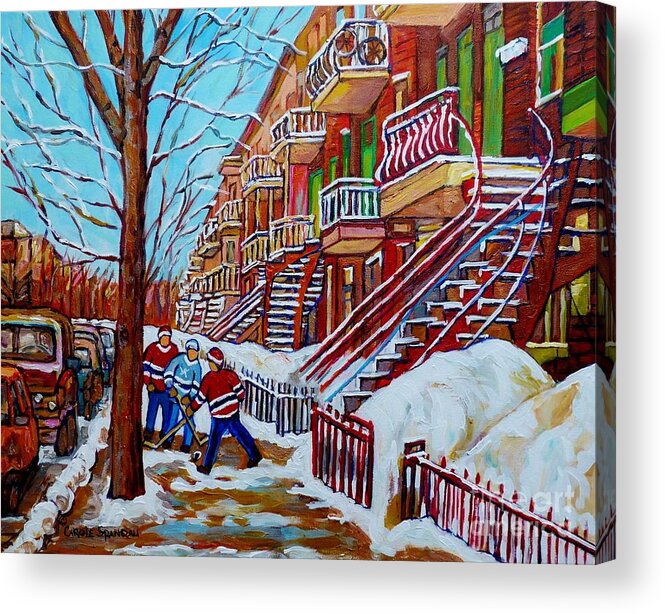 Montreal Acrylic Print featuring the painting Montreal Art Winter Staircase Scenes Hockey Art Painting For Sale C Spandau Canadian Street Scenes  by Carole Spandau