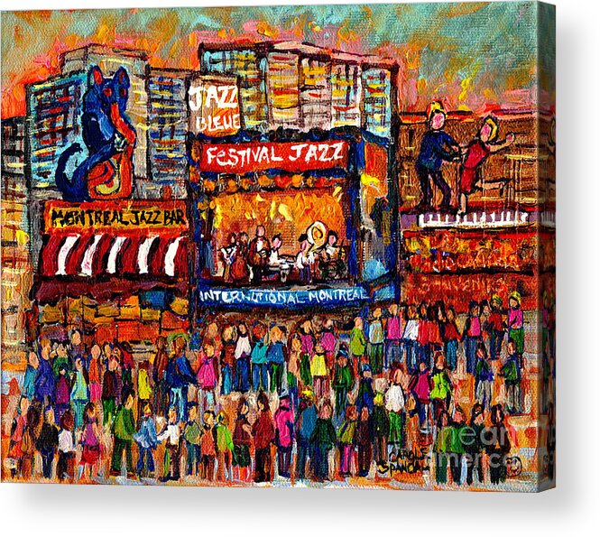 Montreal Acrylic Print featuring the painting Montreal International Jazz Festival Painting Live Jazz Band Outdoor Music Concert Scene C Spandau by Carole Spandau