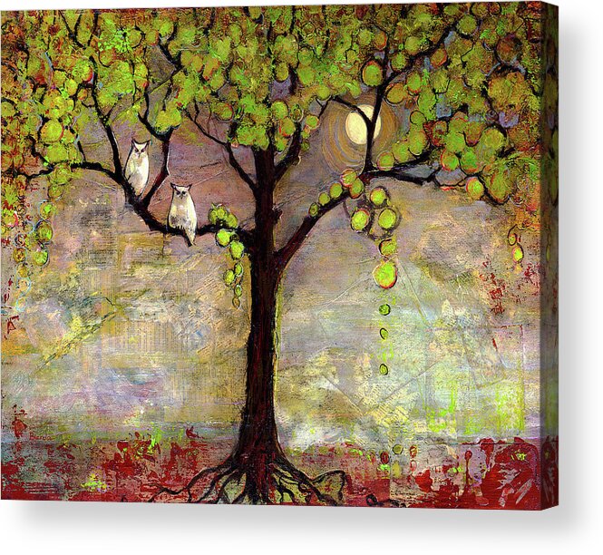 Owl Acrylic Print featuring the painting Moon River Tree Owls by Blenda Studio