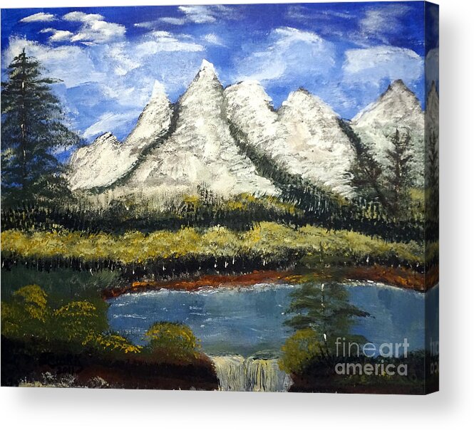 Landscape Acrylic Print featuring the painting Mountains and Evergreens by Jimmy Clark