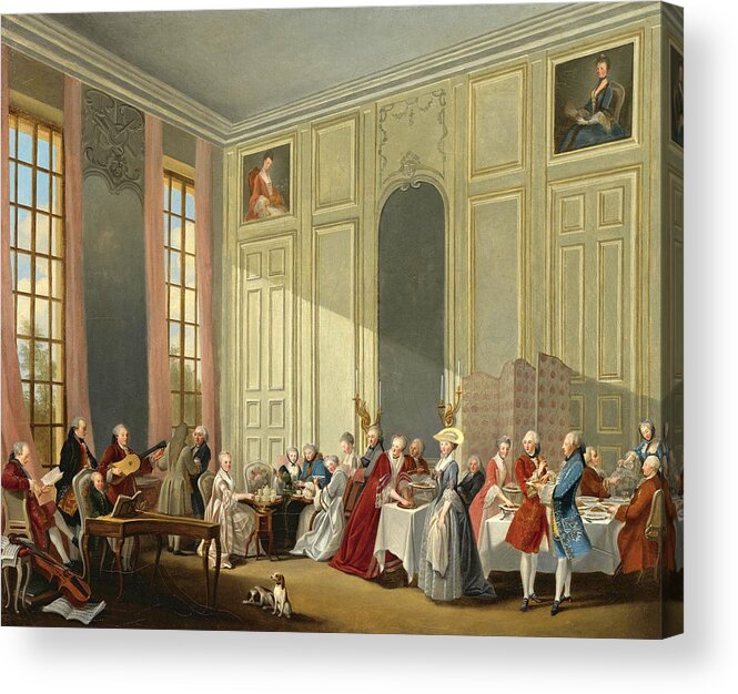 Michel-barthelemy Ollivier Acrylic Print featuring the painting Mozart Giving A Concert In The Salon Des Quatre-Glaces Au Palais Dutemple by Michel-Barthelemy Ollivier