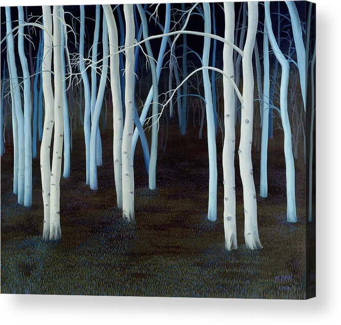 Wood; Woodland; Trees; Nocturne; Night; Tree Trunks; Luminous; White; Dark; Forest; Eyes; Atmospheric; Eerie Acrylic Print featuring the painting Mystic by Magdolna Ban