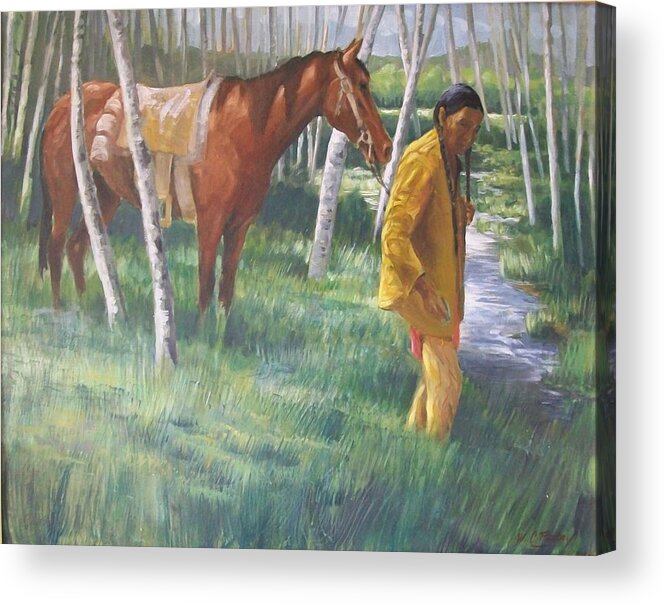 Landscape Acrylic Print featuring the painting Native American Leading Horse by Perry's Fine Art
