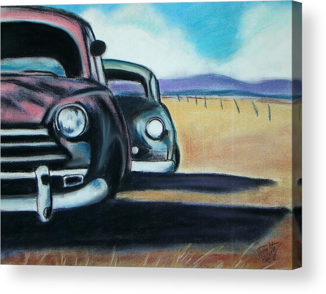 Cars Acrylic Print featuring the pastel New Mexico Junkyard by Michael Foltz