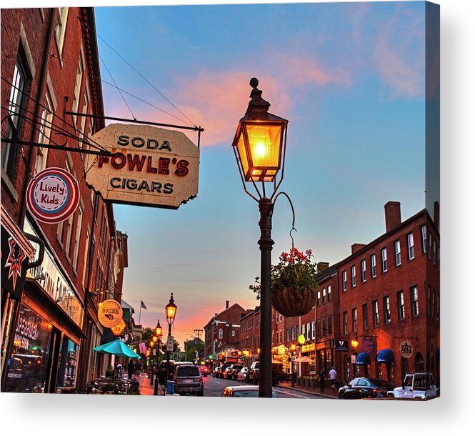 Newburyport Acrylic Print featuring the photograph Newburyport MA High Street Lanterns at Sunset Fowle's by Toby McGuire