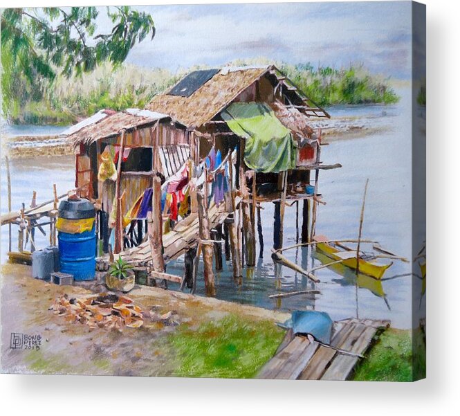 Famous Acrylic Print featuring the painting Nipa Hut at the Bay by Bong Perez