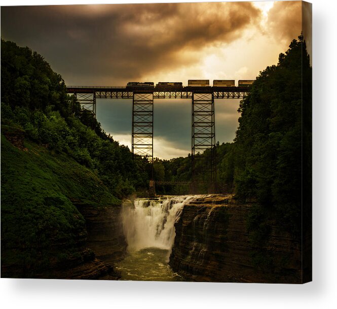 Letchworth Acrylic Print featuring the photograph Norfolk Southern over Letchworth Upper Falls at Dusk by Chris Bordeleau