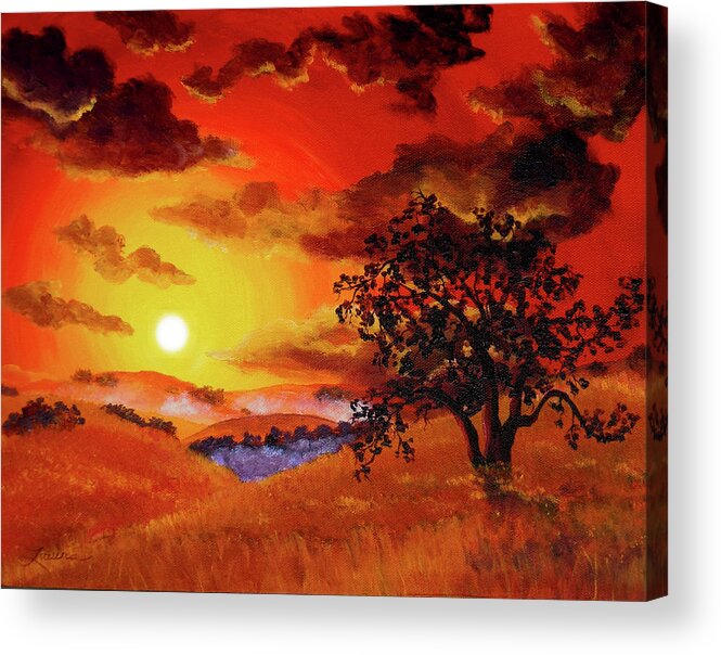 Landscape Acrylic Print featuring the painting Oak Tree in Red Sunset by Laura Iverson