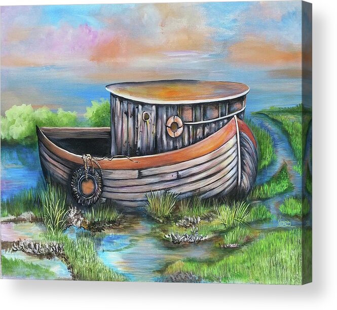 Marsh Acrylic Print featuring the painting Old Mans Boat by Virginia Bond