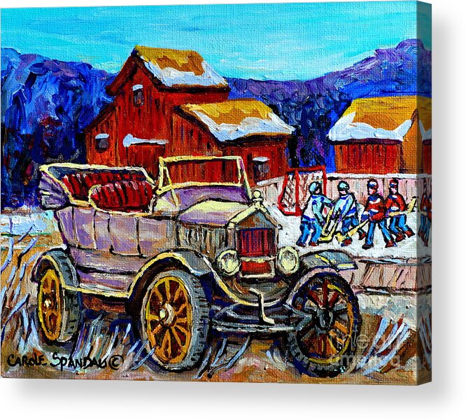 Model T Acrylic Print featuring the painting Old Model T Car Red Barns Canadian Winter Landscapes Outdoor Hockey Rink Paintings Carole Spandau by Carole Spandau