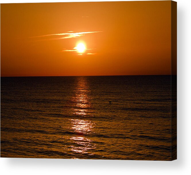 Sun; Rise; Sunrise; Orange; Florida; Morning; Solar; Ocean; Sea; Shore. Coast; Beach; Calm; Waves; S Acrylic Print featuring the photograph Orange Sunrise Over A Florida Beach by Allan Hughes