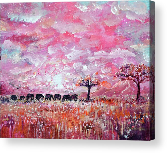 Pink Acrylic Print featuring the painting Original Pink Elephant Painting- Kindness, walking talking, and traveling together by Ashleigh Dyan Bayer
