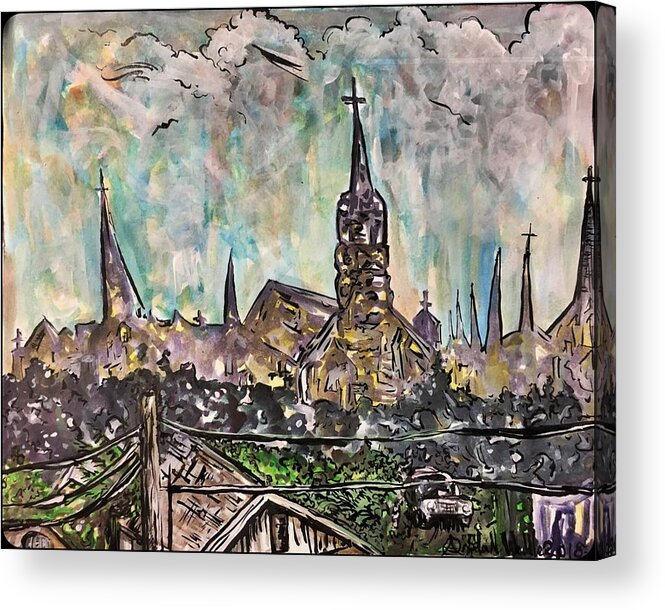 Cityscape Acrylic Print featuring the mixed media Our Lady of the Lake University in the Distance by Angela Weddle