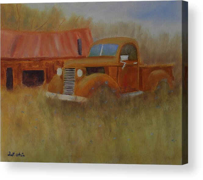 Truck Barn Landscape Field Pasture Maine Acrylic Print featuring the painting Out To Pasture by Scott W White
