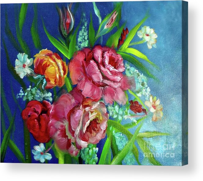 Pink And Red Roses Acrylic Print featuring the painting Parade of Roses 11 by Jenny Lee