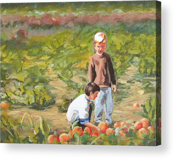 Youth Acrylic Print featuring the painting Parlee Pumpkins by Trina Teele