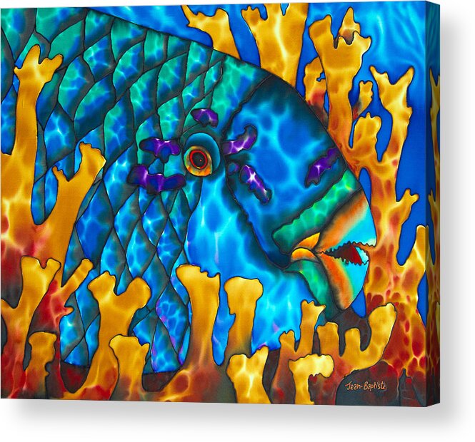 Diving Acrylic Print featuring the painting Parrotfish and Fire coral by Daniel Jean-Baptiste