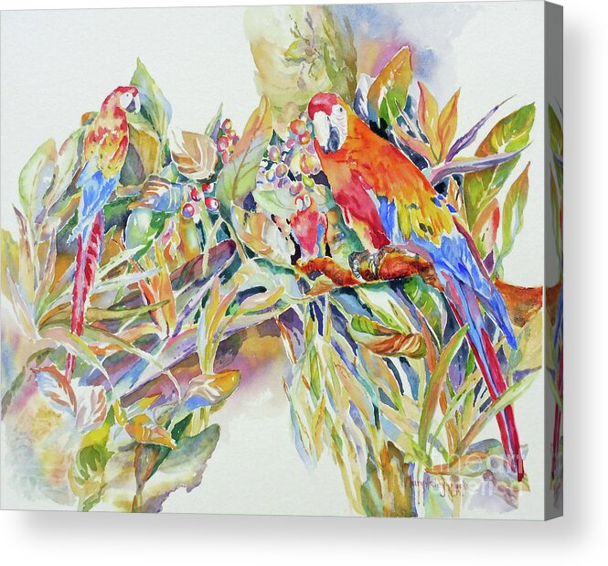 Parrots Acrylic Print featuring the painting Parrots in Paradise by Mary Haley-Rocks