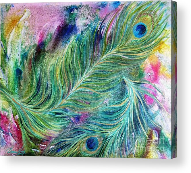 Peacock Feathers Acrylic Print featuring the painting Peacock Feathers Bright by Denise Hoag