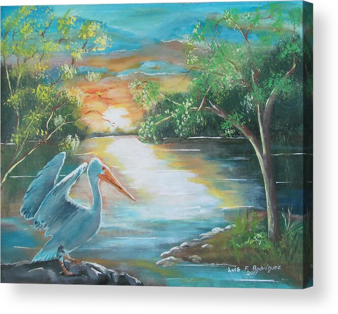 Pelican Acrylic Print featuring the painting Pelican Landed by Luis F Rodriguez