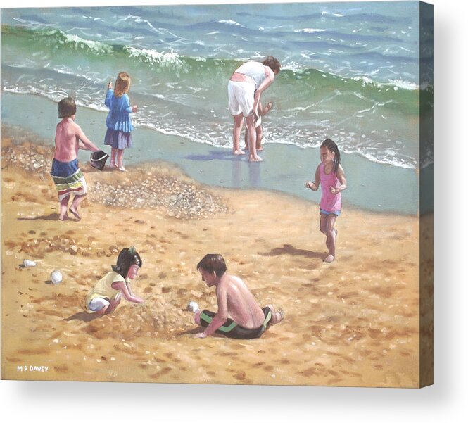 Bournemouth Acrylic Print featuring the painting people on Bournemouth beach kids in sand by Martin Davey