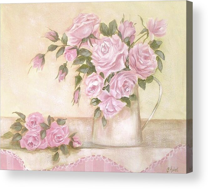 Shabby Chic Acrylic Print featuring the painting Pitcher of Pink Roses by Chris Hobel