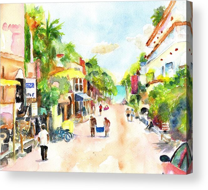 Playa Del Carmen Acrylic Print featuring the painting Playa del Carmen Mexico Shops by Carlin Blahnik CarlinArtWatercolor