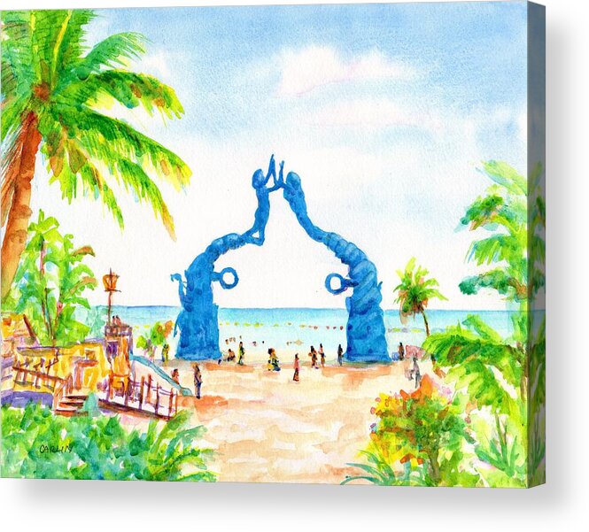 Playa Del Carmen Acrylic Print featuring the painting Playa del Carmen Portal Maya Statue by Carlin Blahnik CarlinArtWatercolor