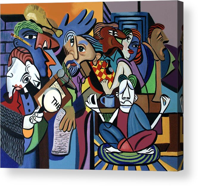 Poets Unleashed Men Talking Reading Yoga Coffee Chicken The Cubism Cubestraction Bench Impressionist Expressionism Large Giclee Canvas Print Poster Original Oil Painting On Canvas Anthony Falbo Falboart   Acrylic Print featuring the painting Poets Unleashed by Anthony Falbo