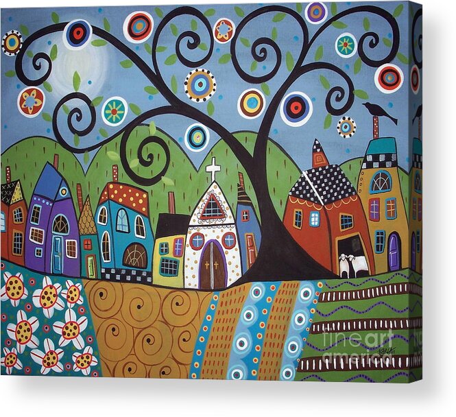 Church Saltboxes Houses Village Town Tree Swirl Tree Painting Acrylic Painting Buy Art Buy Prints Sheep Barn Houses Folk Art Abstract Modern Art Contemporary Painting Original Painting Colorful Art Unique Painting Colorful Houses Blooming Tree Flowering Tree Blackbird Karla G Stripes Swirls Mountains Pillows Prints For Sale Acrylic Print featuring the painting Polkadot Church by Karla Gerard
