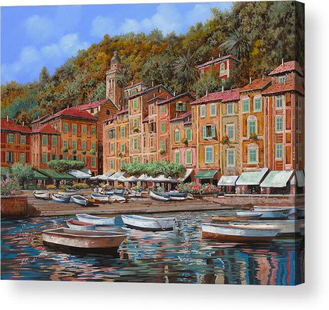 Portofino Acrylic Print featuring the painting Portofino-La Piazzetta e le barche by Guido Borelli