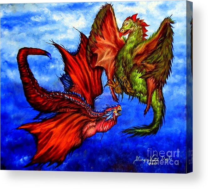 Dragons Acrylic Print featuring the painting PreHistoric Fighting Fowl by Georgia Doyle