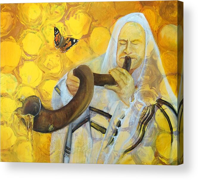 Shofar Acrylic Print featuring the painting Prophetic Message Sketch Painting 9 Honey Dripping from the Shofar by Anne Cameron Cutri