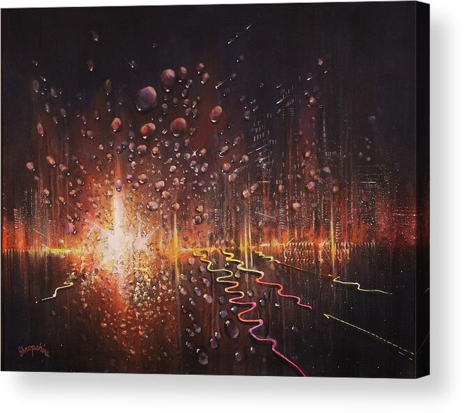 City At Night Acrylic Print featuring the painting Rain on the Windshield by Tom Shropshire
