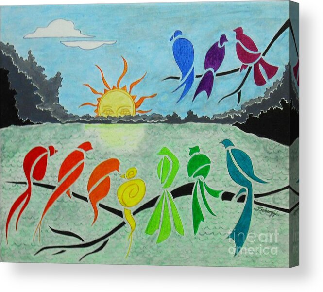 Rainbow Birds Acrylic Print featuring the painting Rainbow Birds Sunrise -- Stylized Birds on Branches in Rainbow Colors by Jayne Somogy