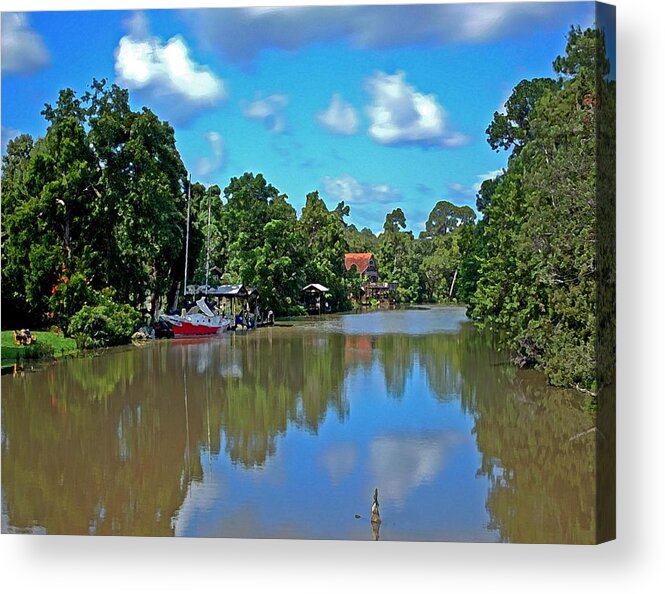 Sailboat Acrylic Print featuring the painting Red Boat and the Magnolia River by Michael Thomas