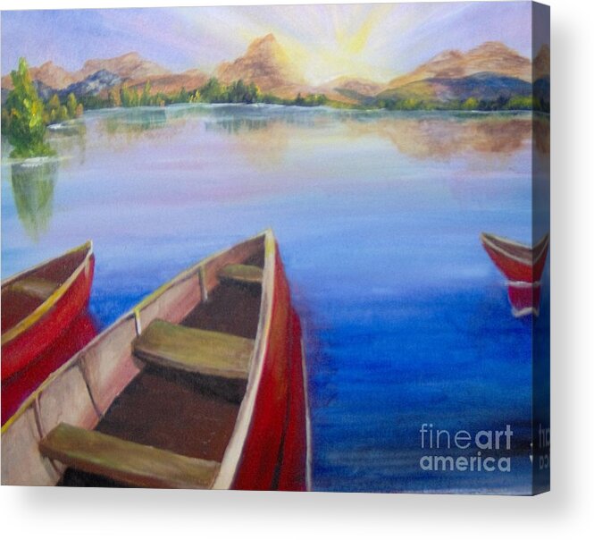 Landscape Acrylic Print featuring the painting Red Boats at Sunrise by Saundra Johnson