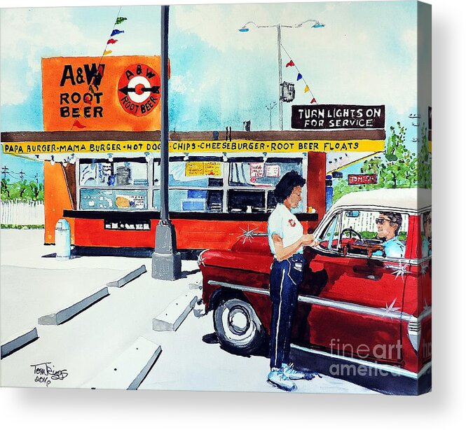 Nostalgia Acrylic Print featuring the painting Red Car at the A and W by Tom Riggs