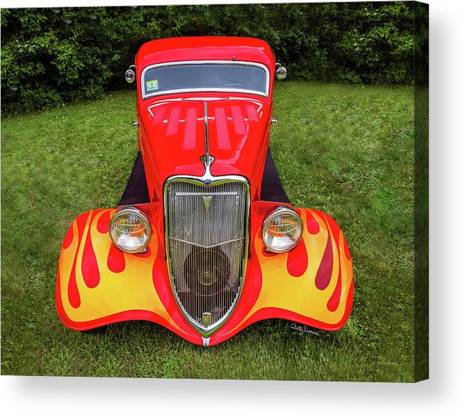 Antique Cars Acrylic Print featuring the photograph Red Ford Hot Rod with Flames by Betty Denise