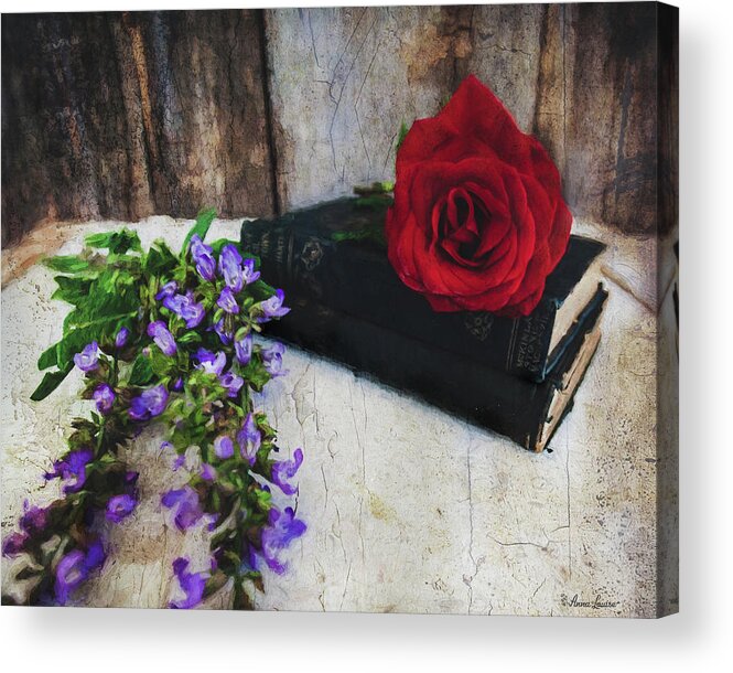 Red Rose And Sage With Vintage Books Acrylic Print featuring the photograph Red Rose and Sage With Vintage Books by Anna Louise