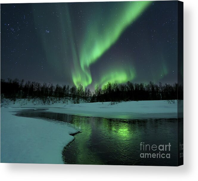 Green Acrylic Print featuring the photograph Reflected Aurora Over A Frozen Laksa by Arild Heitmann