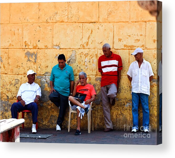Senior Acrylic Print featuring the photograph Retired Men and Yellow Wall Cartegena by Thomas Marchessault